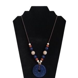 LCI Liz Claiborne Round Blue Plastic Pendant Beaded Cord Long Length Necklace